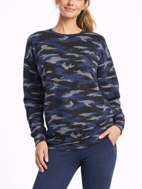 Athleta Blue Camo Sweatshirt XS Cozy Athleisure Crewneck Lounge Top
